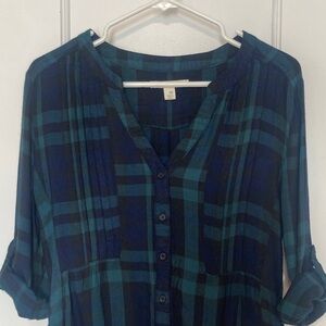 Navy and Teal Plaid Button-Down Shirt